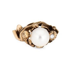Nude Figural Ring 14 Karat Yellow Gold Cultured Pearl Diamond Flower Jewelry