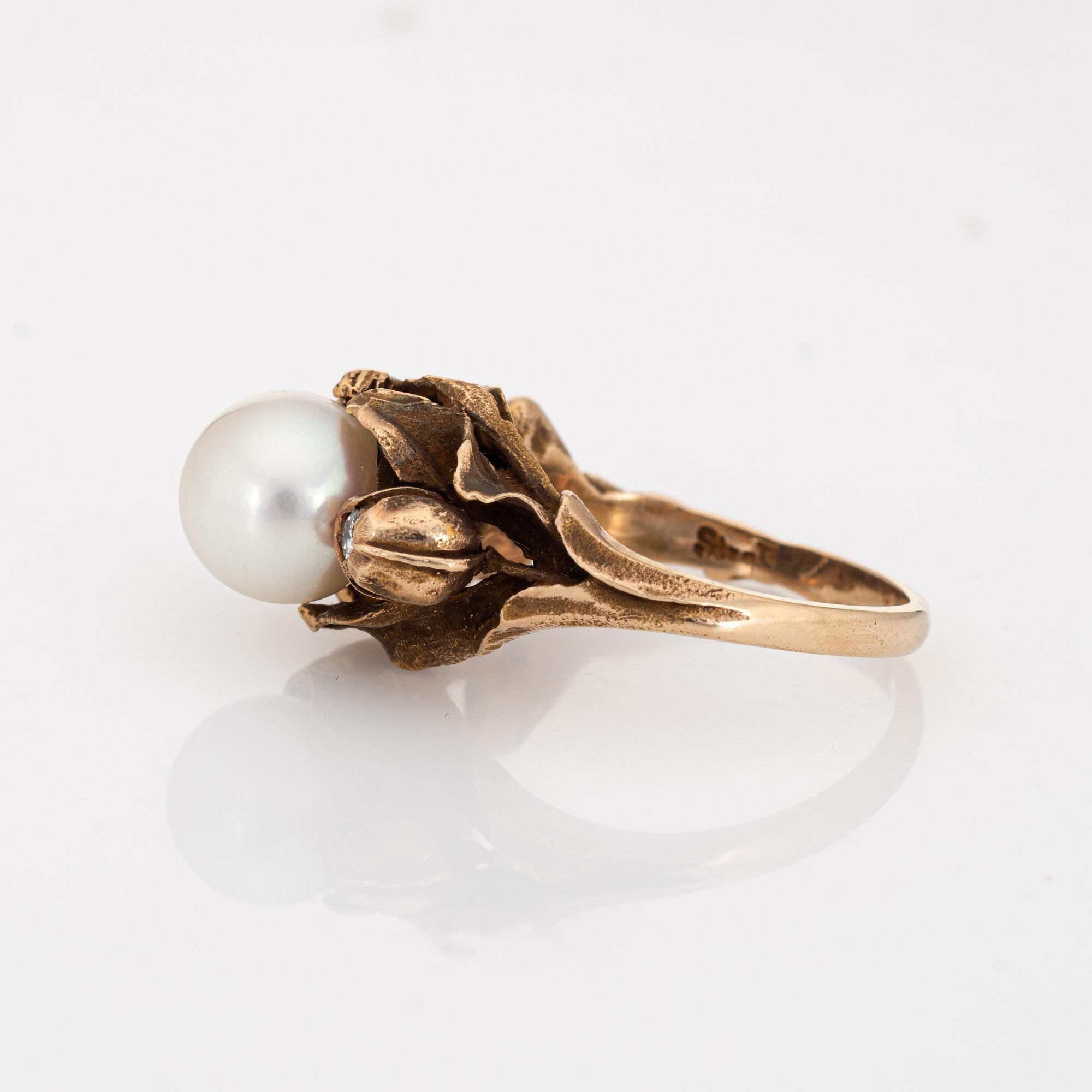 Nackter figuraler Ring 14 Karat Gelbgold Zuchtperle Diamant Blumenschmuck (Rundschliff)