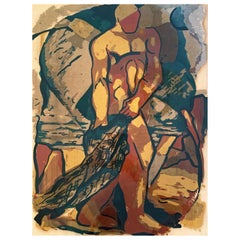 "Nude Fisherman with Net," Rare Art Deco Color Print by New Jersey Artist