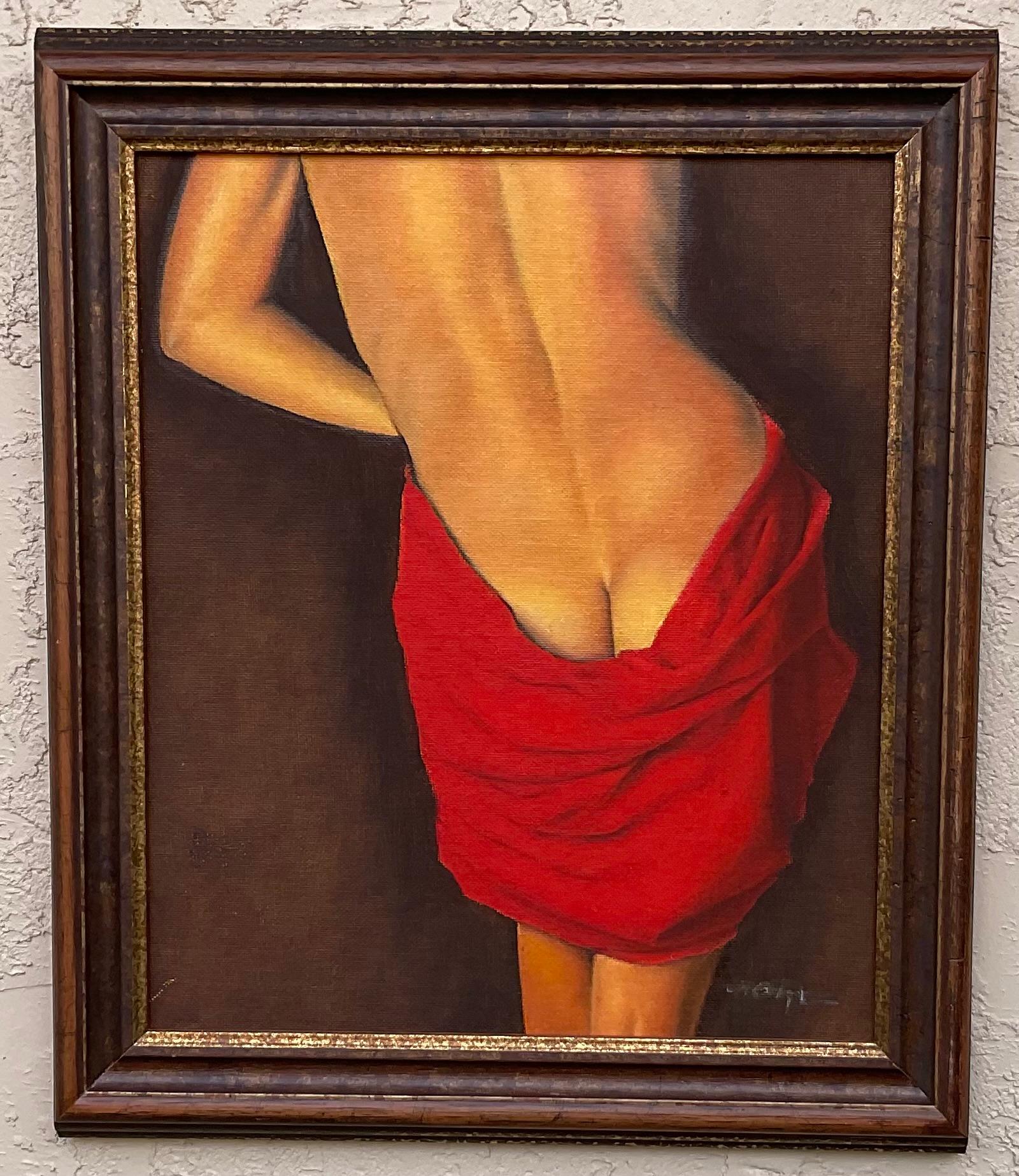 Elegant oil painting of nude woman from the back , beautiful vibrant red dress exposing nicely painted woman back.
Sign on the bottom right.