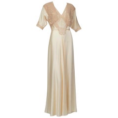 Vintage Nude Hollywood Regency Charmeuse and Lace Peignoir Dressing Gown - Medium, 1930s