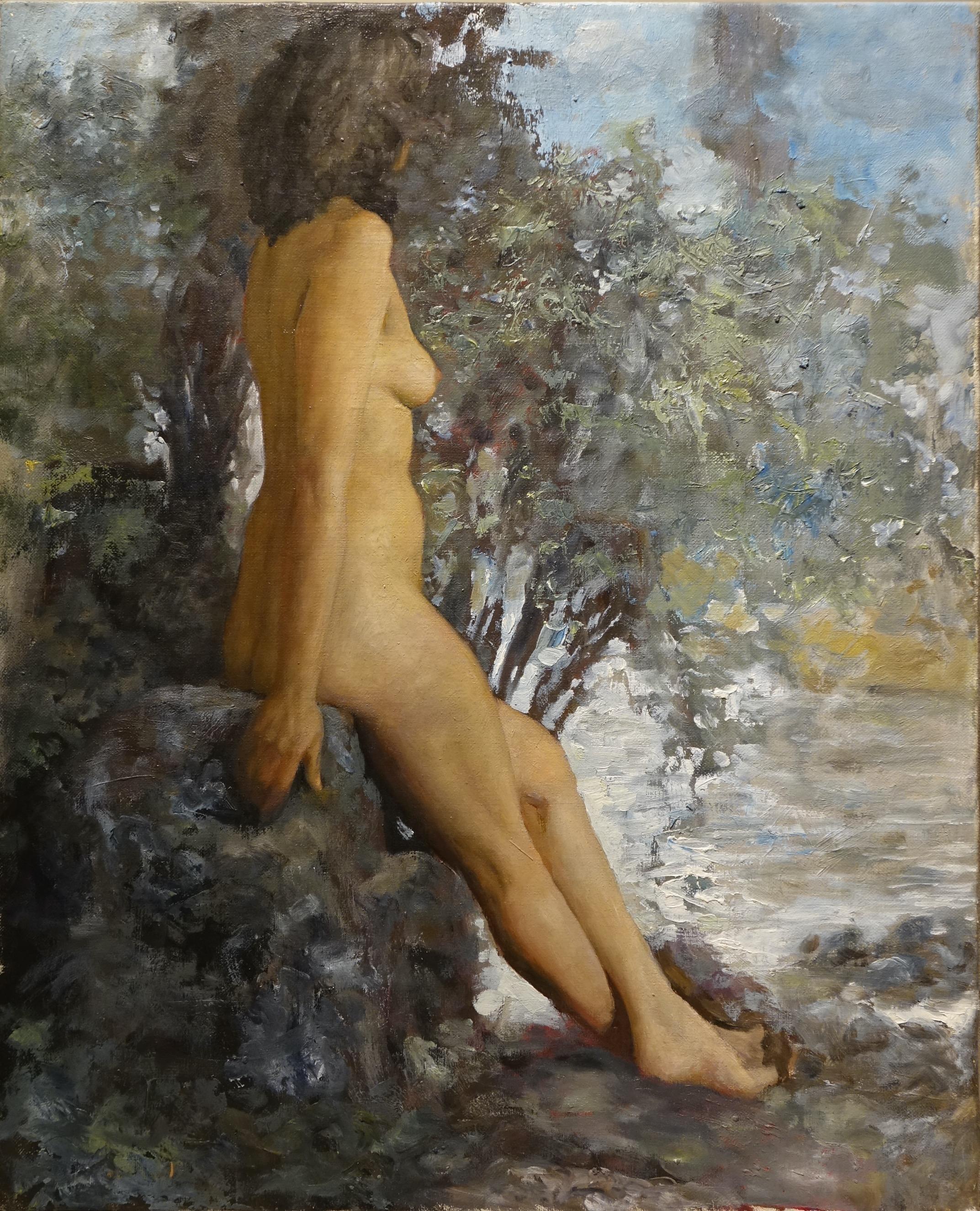 Jeune femme posant nue, de 3/4 arrière, dans un paysage bucolique. 
Au dos de la toile est peint un beau portrait de femme. 
Lucien Henri Grangérard est né à Nancy en 1880. 
Il y étudie aux Beaux-Arts, puis se rend à Paris où il devient l'élève de 