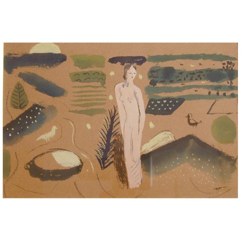 "Nude in Stylized Landscape, " Gouache Ptg. by Edward Buk Ulreich