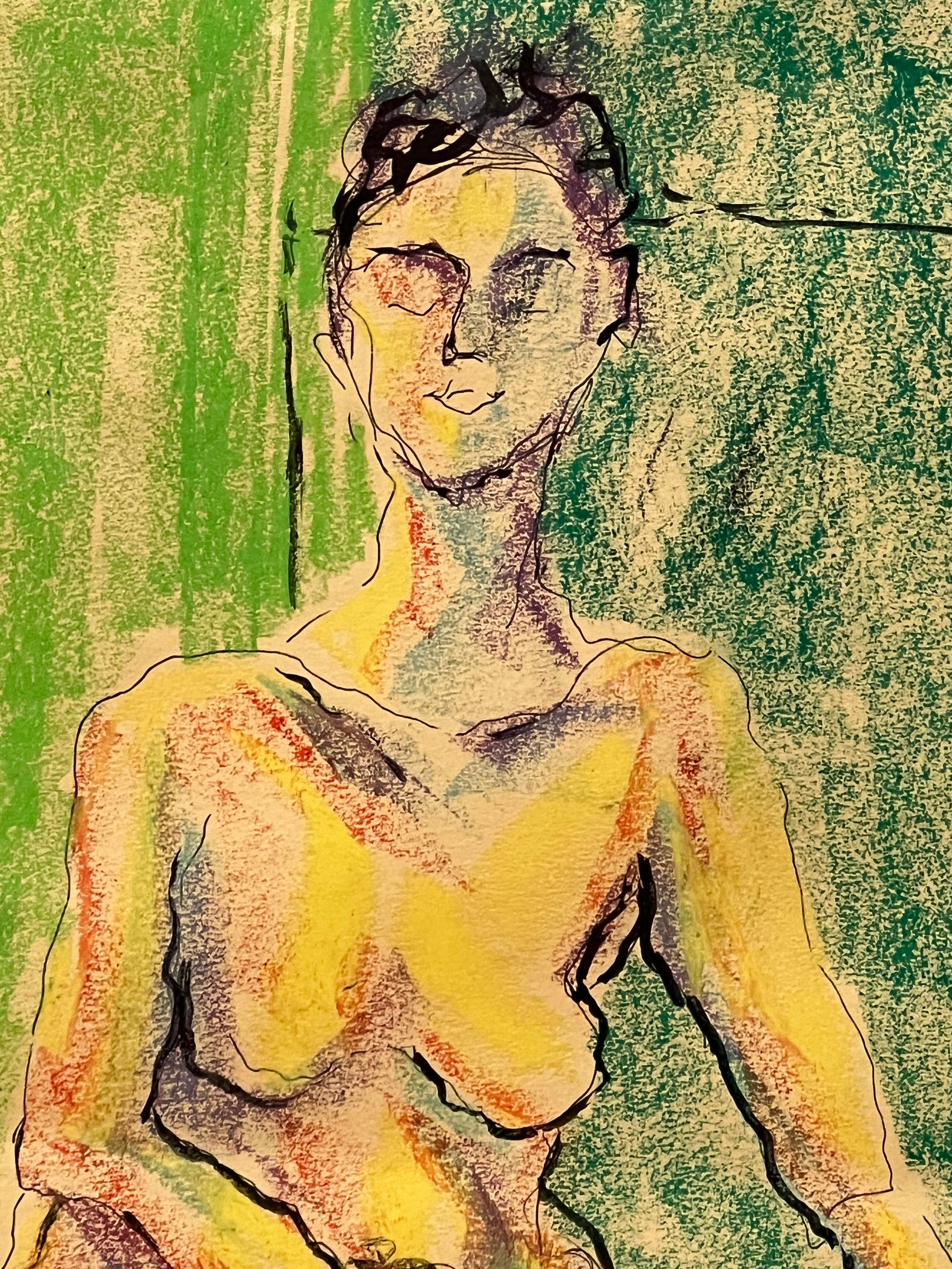 Dieses Kunstwerk zeigt eine nackte Frau, die auf dem Boden sitzt, mit einem grünen Hintergrund im Hintergrund. Die großen Augen der Frau verleihen dem Porträt etwas Jenseitiges, das auf eine fast übernatürliche Präsenz schließen lässt. Man könnte