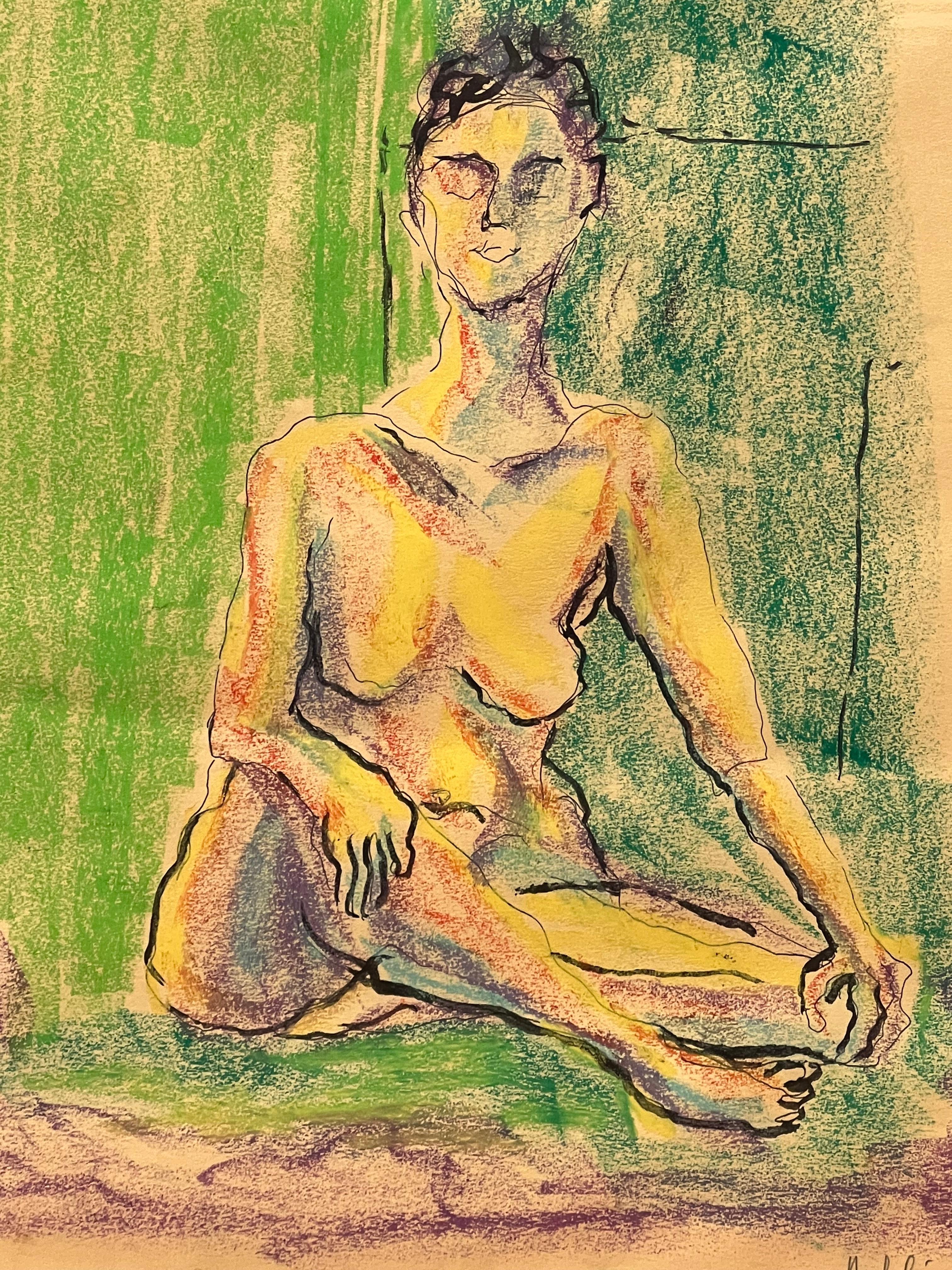 Minimalist “Nude in the Green Realm” Sitting Woman Portrait - Pastel by Louis Nadalini For Sale