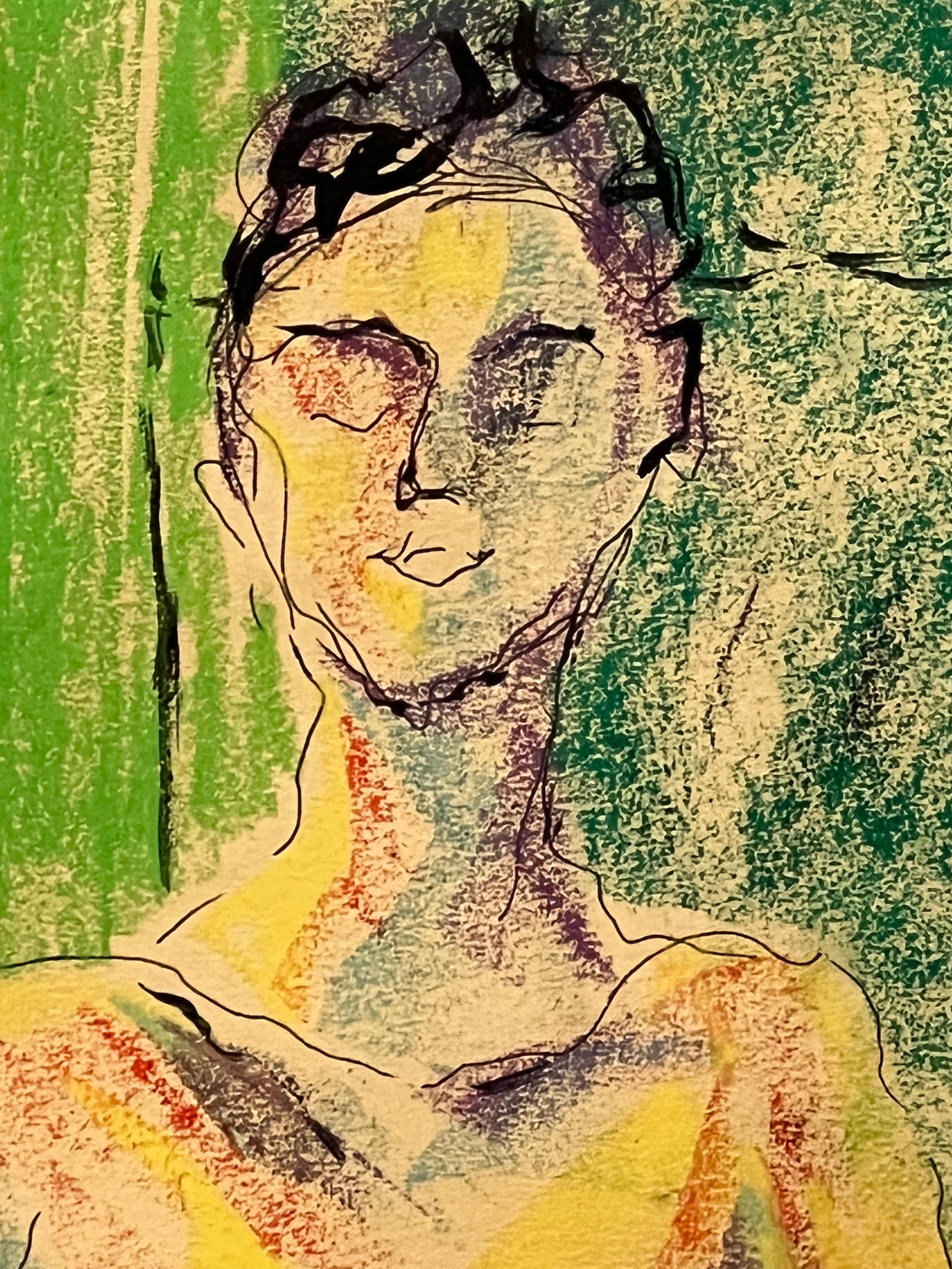 American “Nude in the Green Realm” Sitting Woman Portrait - Pastel by Louis Nadalini For Sale