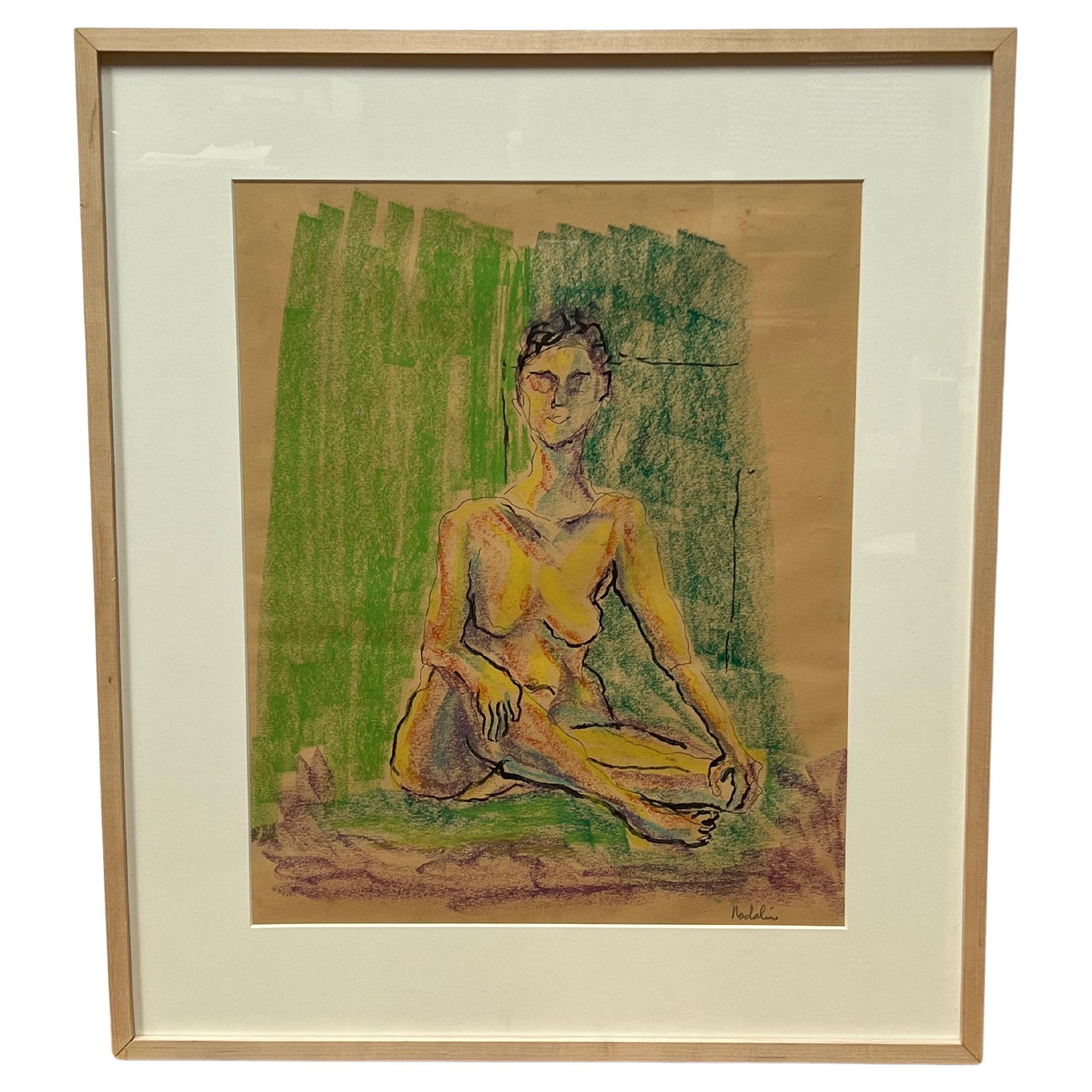 “Nude in the Green Realm” Sitting Woman Portrait - Pastel by Louis Nadalini For Sale