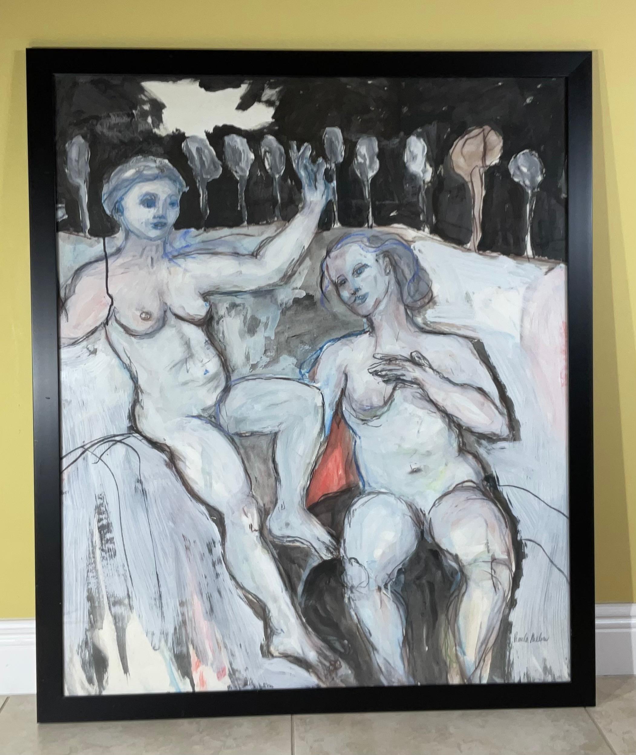 Un acquerello d'epoca dell'artista della Florida Pamela Melvin con due figure femminili nude in un paesaggio sereno. I toni tenui e lo stile espressivo del dipinto creano un'opera sofisticata e senza tempo, che sarebbe una bellissima aggiunta a