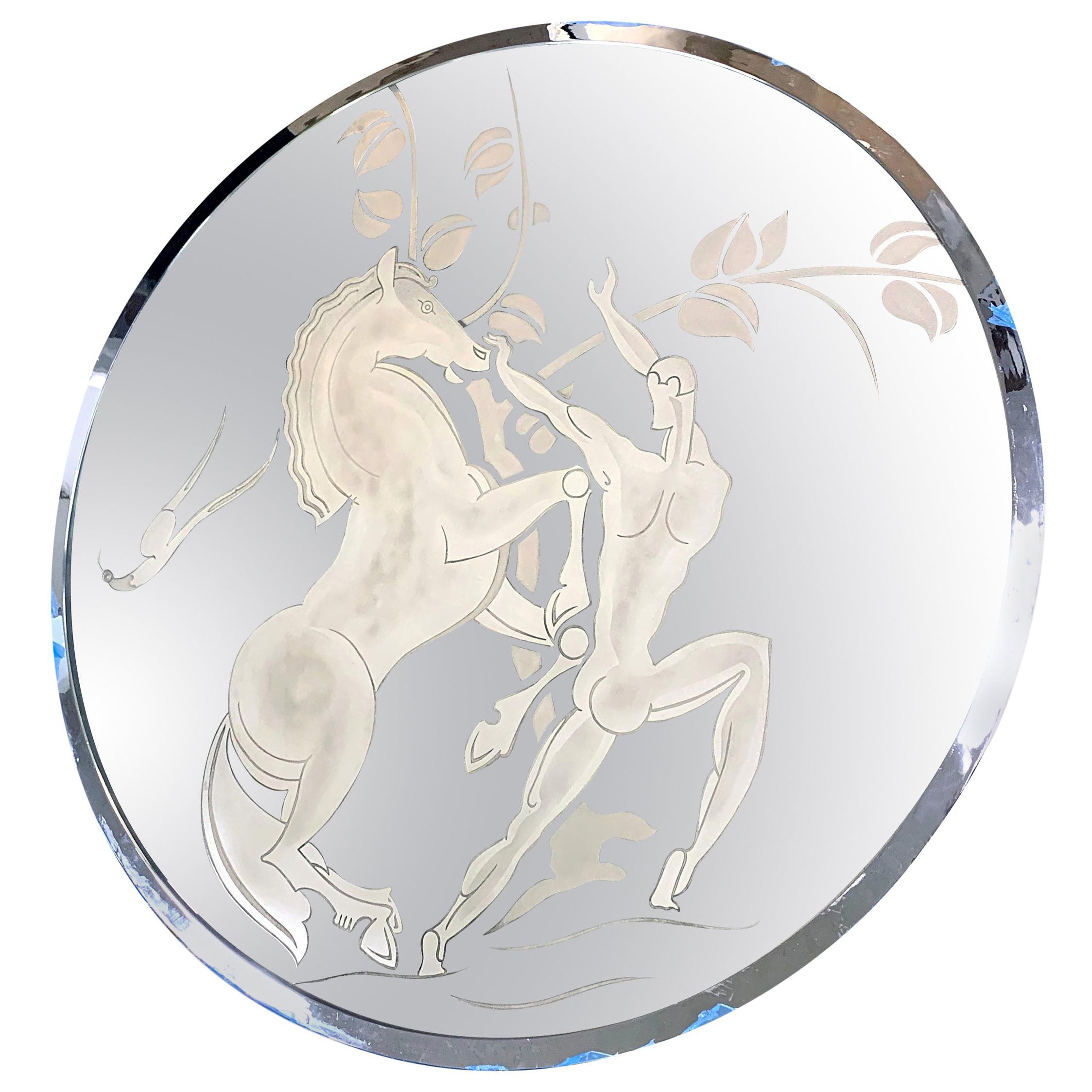 "Nude Male and Horse, " Stunning Art Deco Mirror with Deeply Etched Figures