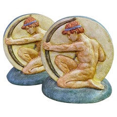 Antique "Nude Male Archer Bookends", Rare Pair of Ceramic, Arts and Crafts Sculptures