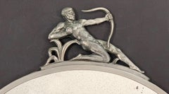 "Nude Male Archer Mirror, " Fabulous Art Deco Round Mirror with Pewter Sculpture
