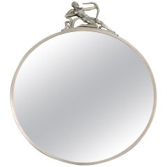 "Nude Male Archer Mirror, " Fabulous Art Deco Round Mirror with Pewter Sculpture