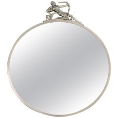 "Nude Male Archer Mirror, " Fabulous Art Deco Round Mirror with Pewter Sculpture