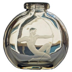 "Nude Male Archer, " Rare, Lovely Art Deco Engraved Glass Vase, Sweden