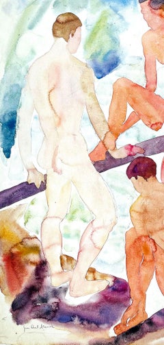 "Nude Male Bathers, " 1930s Watercolor Painting of Nude Figures, Blue & Tan
