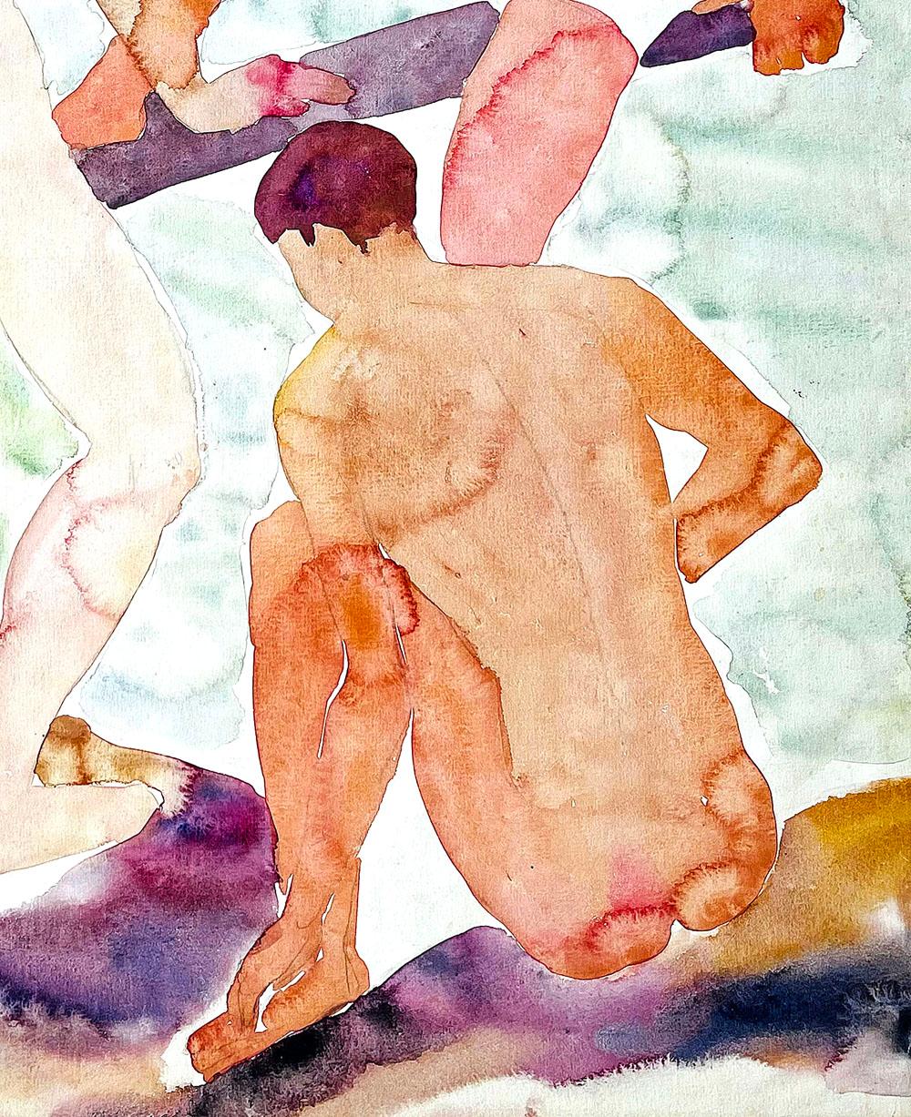 Art déco « Nus baigneurs masculins », peinture à l'aquarelle des années 1930 représentant des personnages nus, bleu et brun clair en vente