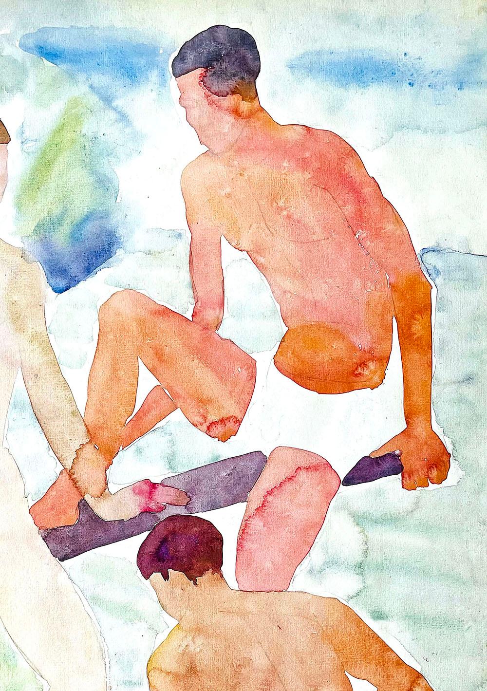 Nord-américain « Nus baigneurs masculins », peinture à l'aquarelle des années 1930 représentant des personnages nus, bleu et brun clair en vente