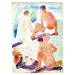 "Nude Male Bathers," 1930s Watercolor Painting of Nude Figures, Blue & Tan