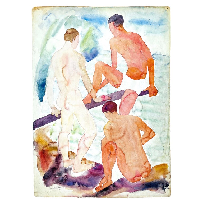 "Nude Male Bathers," 1930s Watercolor Painting of Nude Figures, Blue & Tan For Sale