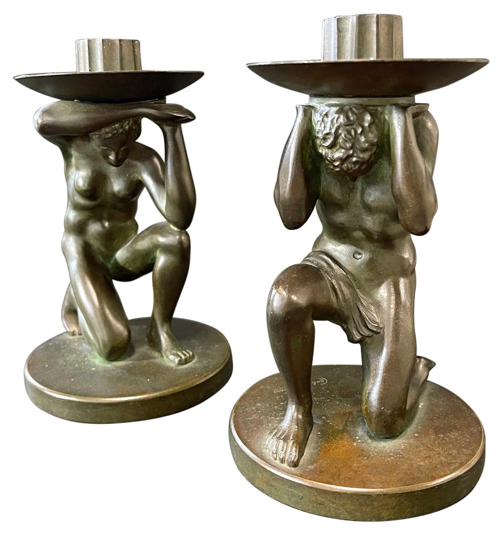 "Nude Male & Female Caryatid Candlesticks, " Unique Art Deco Bronzes by Sorensen