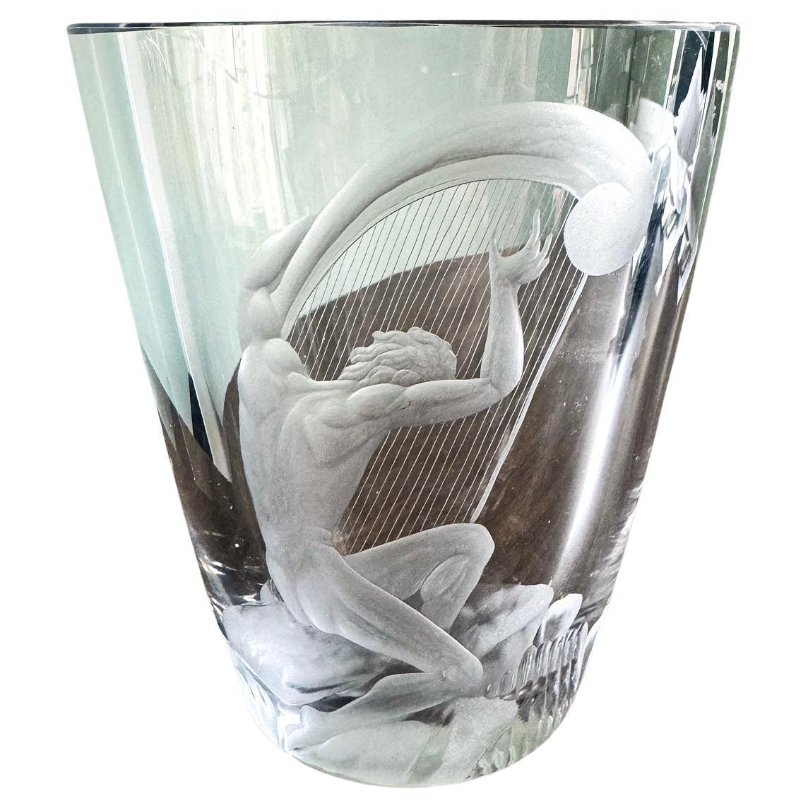 "Nude Male with Harp", Singular Art Deco Engraved Glass Vase by Kjellander
