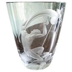 "Nude Male with Harp", Singular Art Deco Engraved Glass Vase by Kjellander