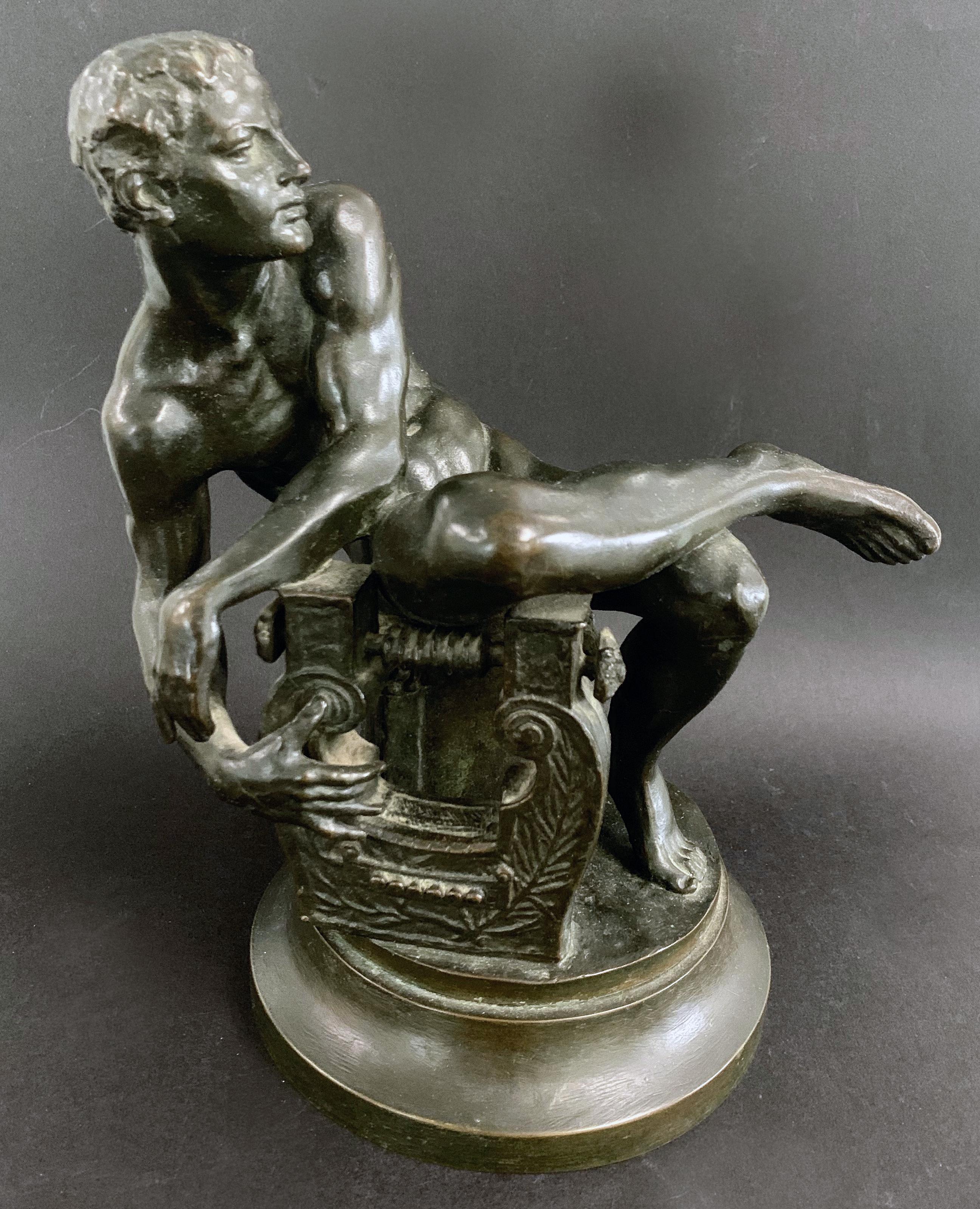 Masterfully conceived and executed, this highly rare, perhaps unique, bronze sculpture captures a young male nude figure twisting to his right to pluck the strings of his lyre. Perhaps a reference to Orpheus who was able to charm all living