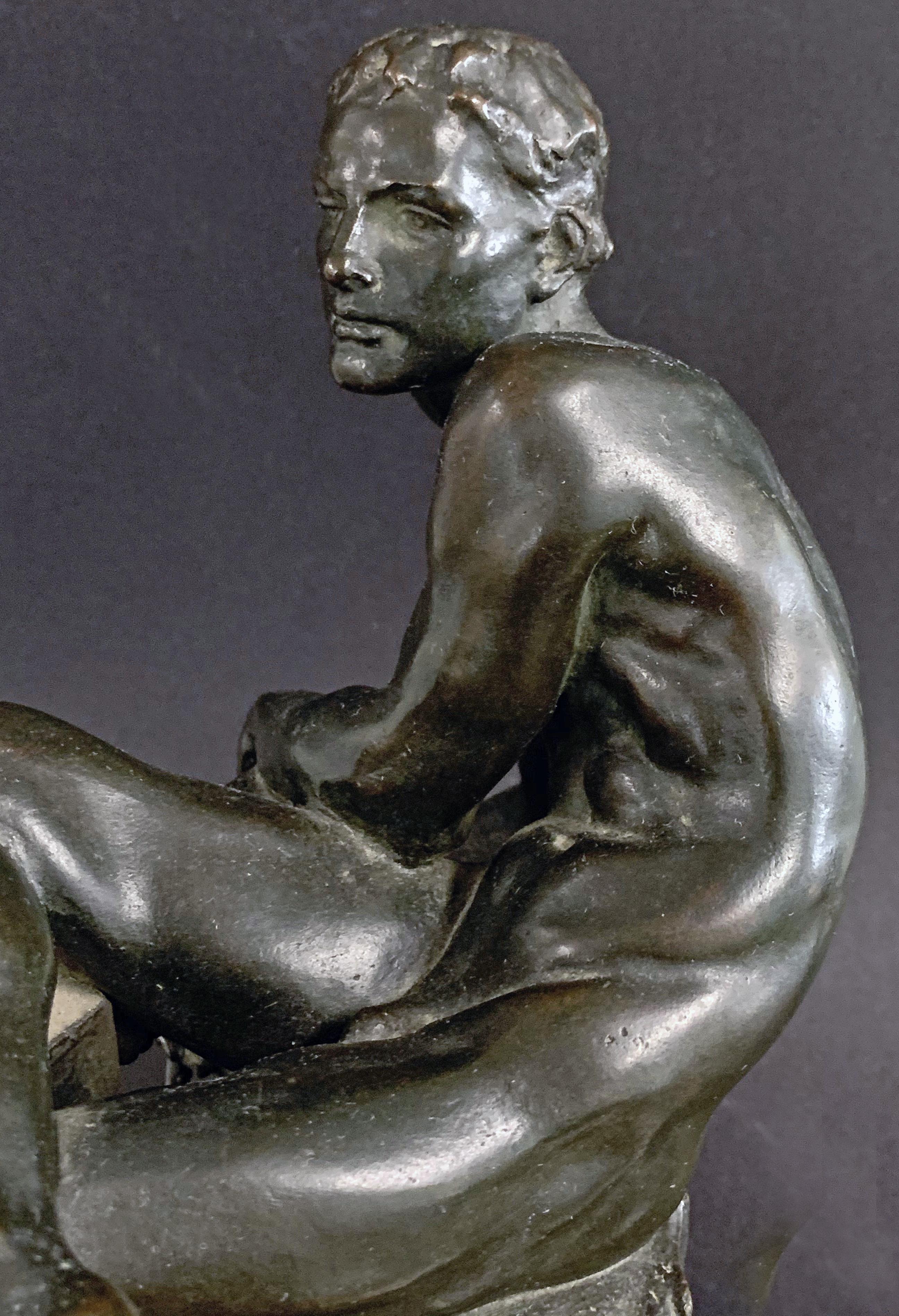 „Frauenlicher Akt mit Leier“, seltene Bronzeskulptur von Cummings, San Francisco Künstler (Frühes 20. Jahrhundert) im Angebot