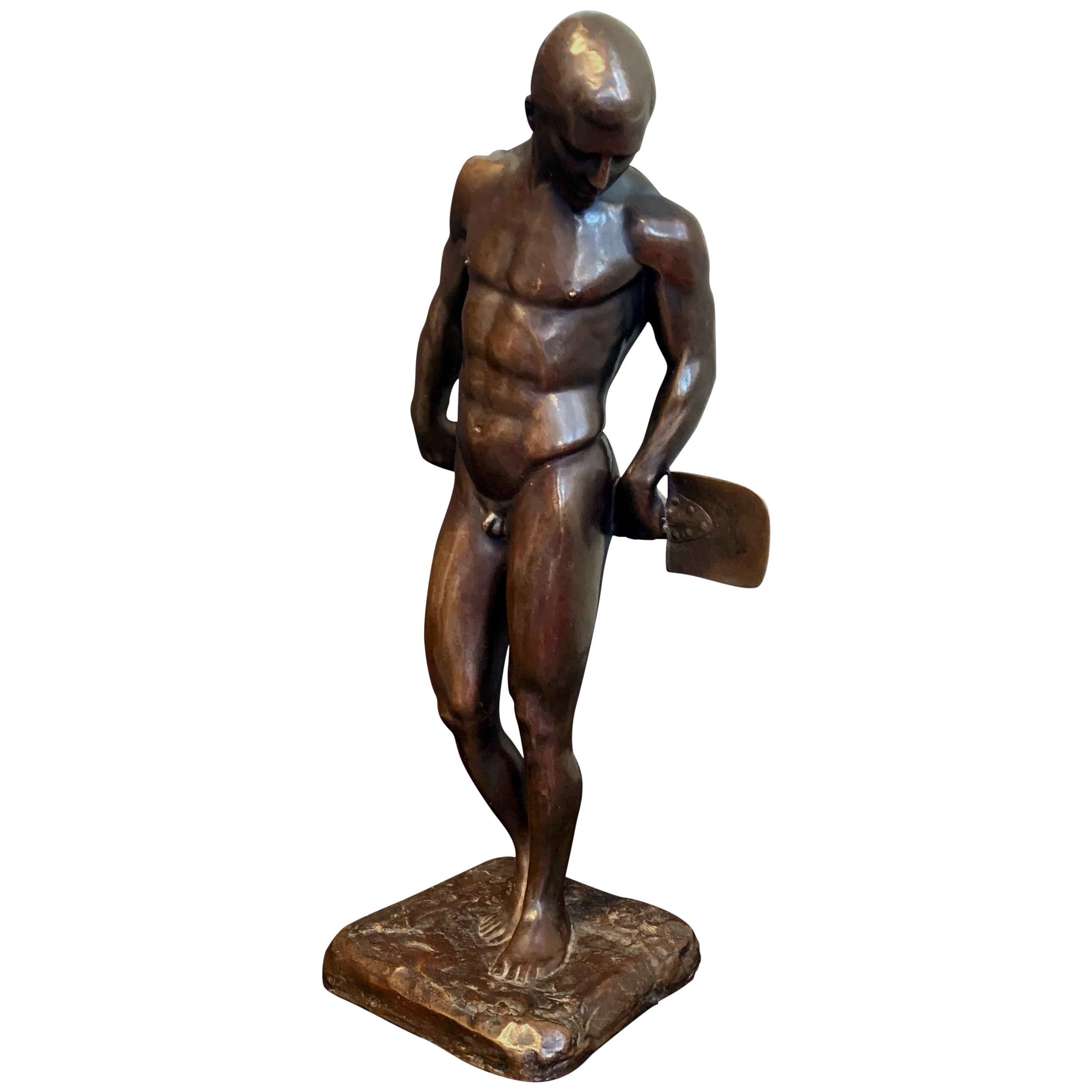 "Nude Male with Shovel, " Highly Rare Bronze Sculpture by Oskar Lindenberg For Sale
