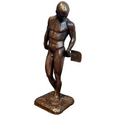 Antique "Nude Male with Shovel, " Highly Rare Bronze Sculpture by Oskar Lindenberg