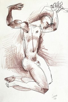 "Nude Male with Upraised Arms, " Striking Midcentury Drawing by RISD Teacher
