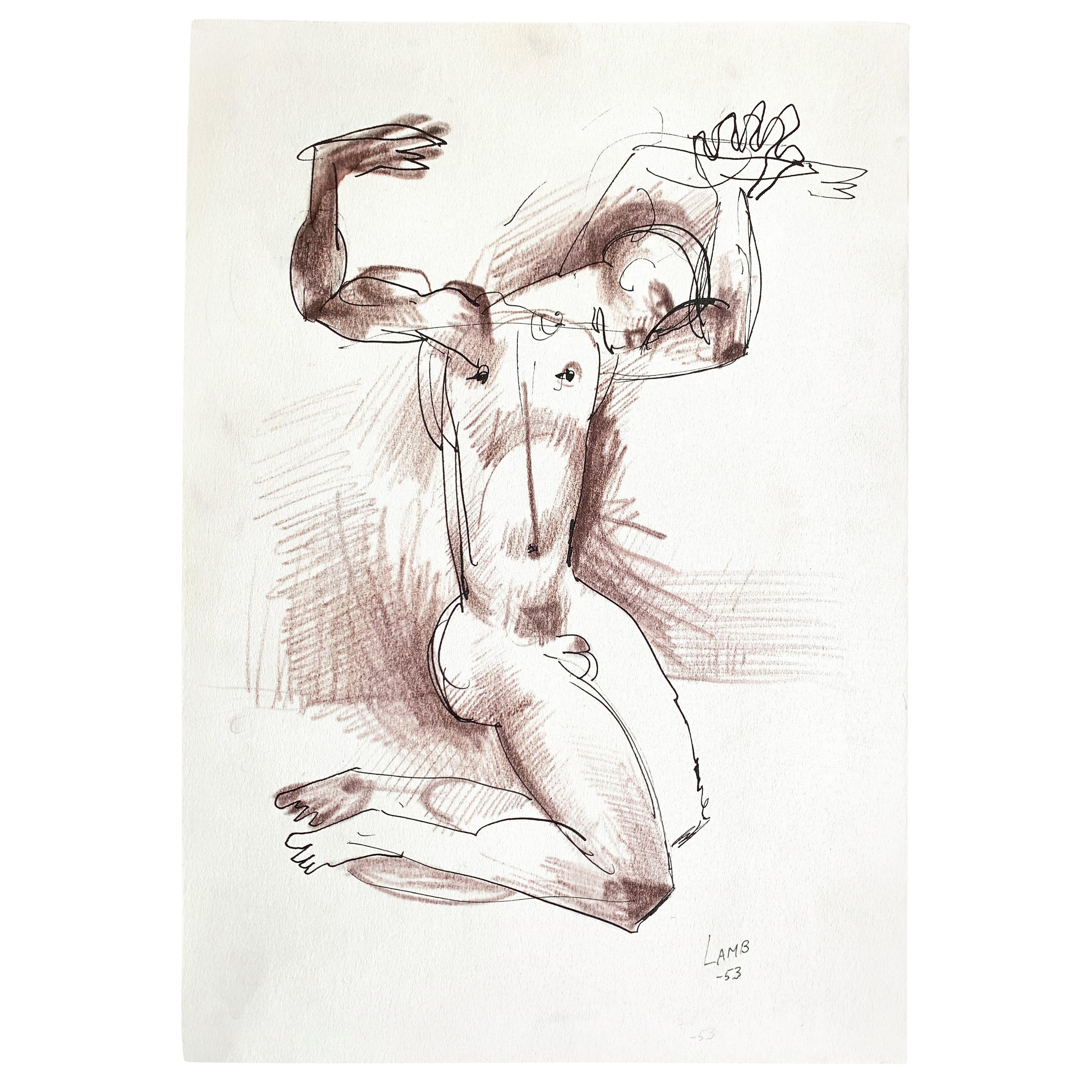 "Nude Male with Upraised Arms," Striking Midcentury Drawing by RISD Teacher