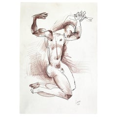 Retro "Nude Male with Upraised Arms, " Striking Midcentury Drawing by RISD Teacher