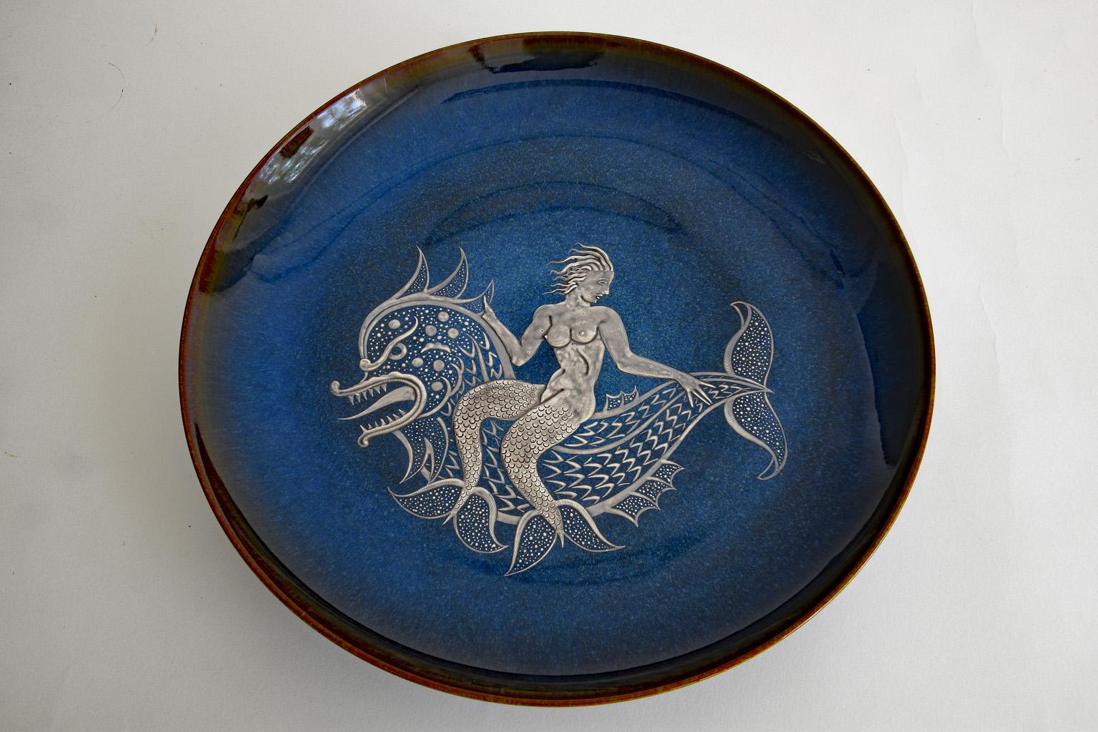 Late 20th Century Nude Mermaid on a Dolphin Gustavsberg Argenta Stoneware Plate by Heinz Erret For Sale