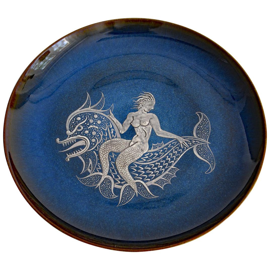 Nude Mermaid on a Dolphin Gustavsberg Argenta Stoneware Plate by Heinz Erret For Sale