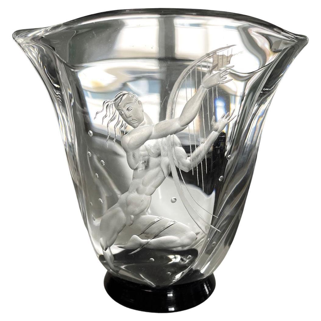 "Nude Merman with Harp, " Fabulous Art Deco Engraved Glass Vase by Lindstrand
