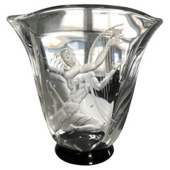 "Nude Merman with Harp," Fabulous Art Deco Engraved Glass Vase by Lindstrand