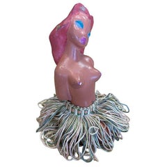 Nude Mid-century Pin Up Hula Girl Art Pottery Bust w/ Yarn Skirt