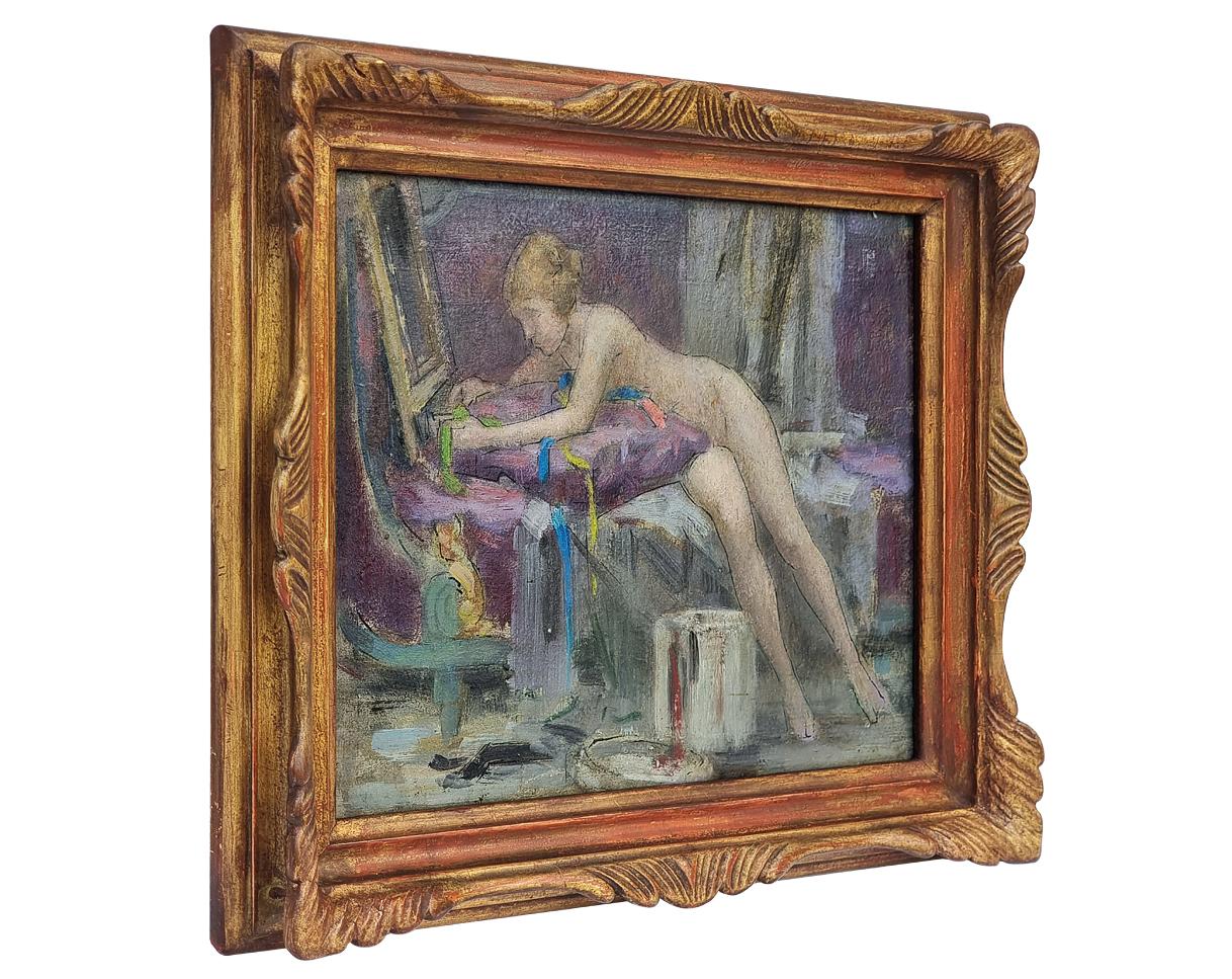 Oil on cardboard by French artist Georges Sauveur Maury (1872 - 1960). Interior scene depicting a nude woman lying on a sofa, looking into a mirror. A painting characterized by great finesse of execution, in which shades of pink and mauve are