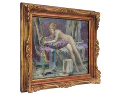 “Nude Of A Woman On A Sofa”, Oil Painting On Cardboard By Georges Sauveur Maury