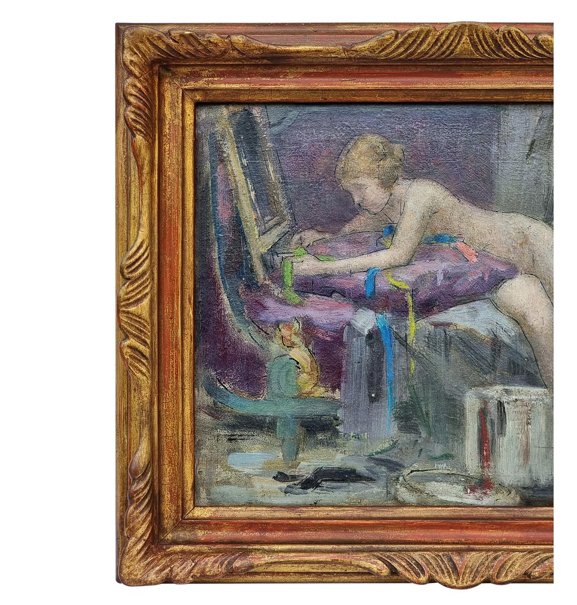Painted “Nude Of A Woman On A Sofa”, Oil Painting On Cardboard By Georges Sauveur Maury For Sale