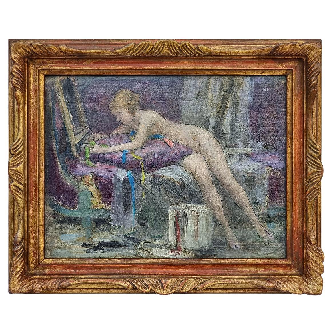 "Desnudo de mujer en un sofá", pintura al óleo sobre cartón de George Sauveur Maury