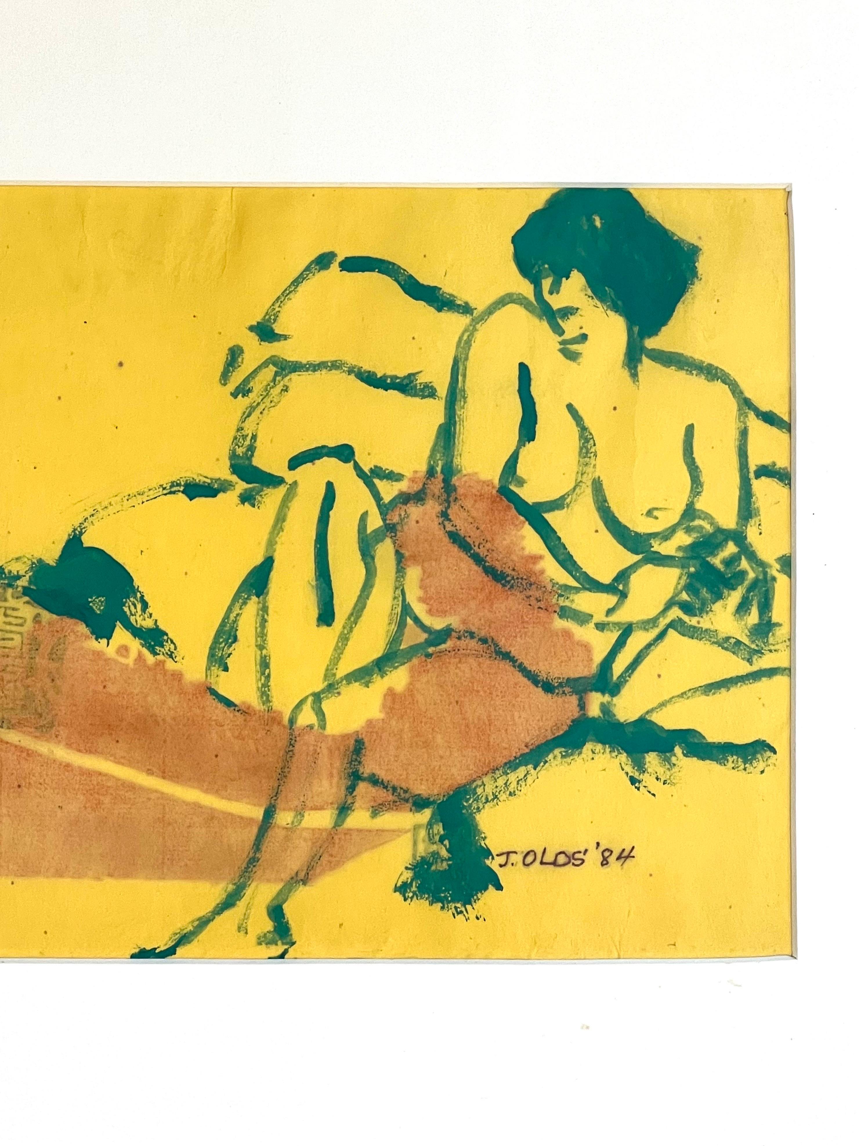 Vintage framed artwork entitled Nude on Couch by Jean Olds. Acrylic on reverse woodblock on yellow rice paper. Bright, cheery, with great contrast and motion. Framed in white which makes the artwork pop from the wall. In overall great vintage