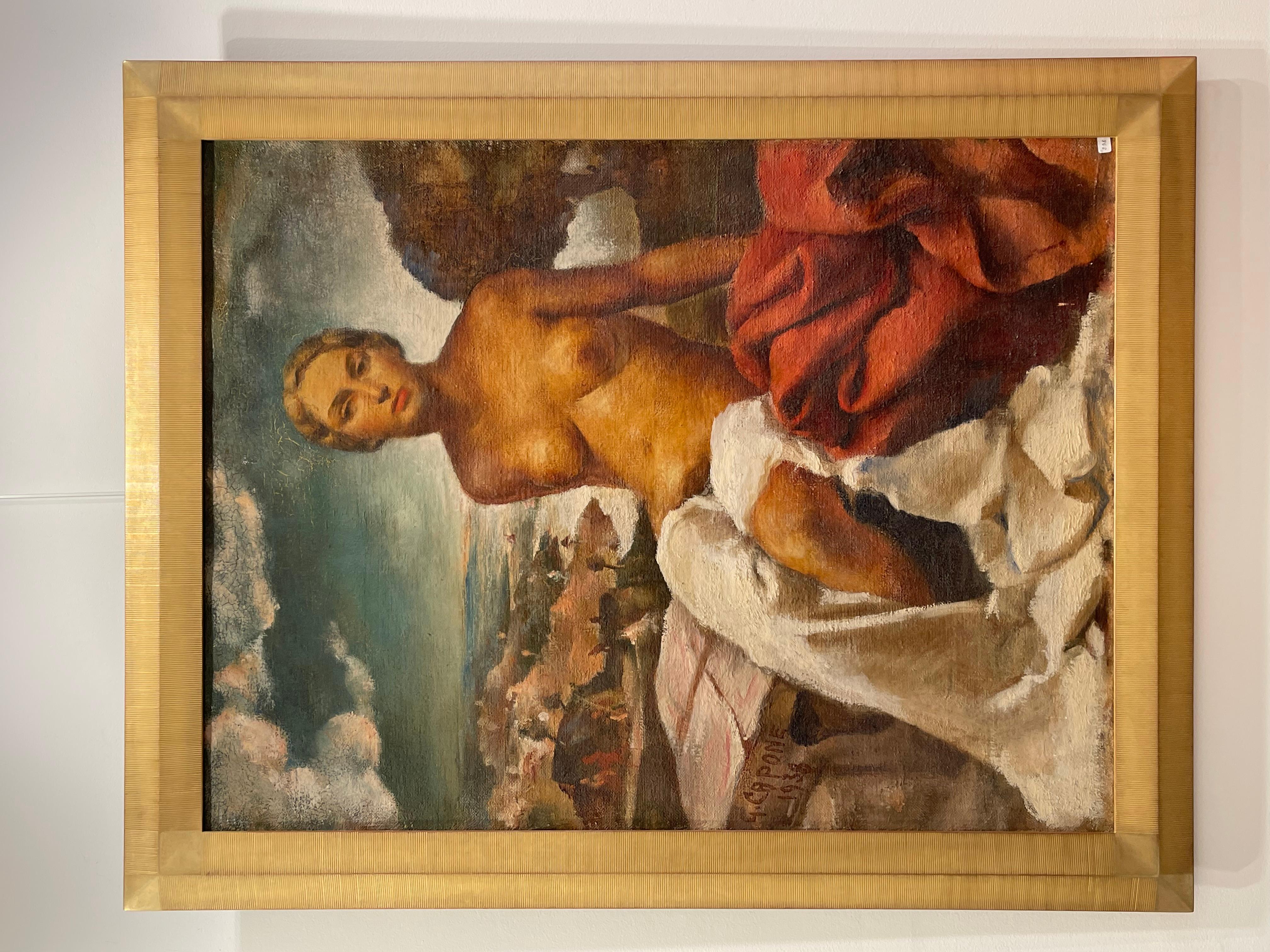 Oil on canvas (jute) by artist G. Capone, dated 1938. Beautiful neoclassical painting typical of the Art-Deco period. Modern frame.
Dimensions without frame : 116 x 90cm Frame : 108 x 135cm.