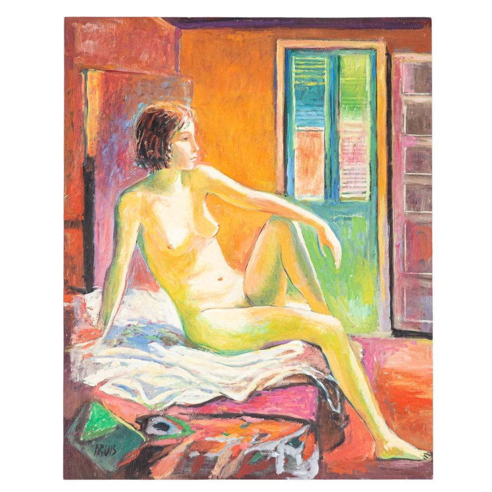 Nude Painting Acrylic on Hardboard Expressionist Style Bright Colors Framed