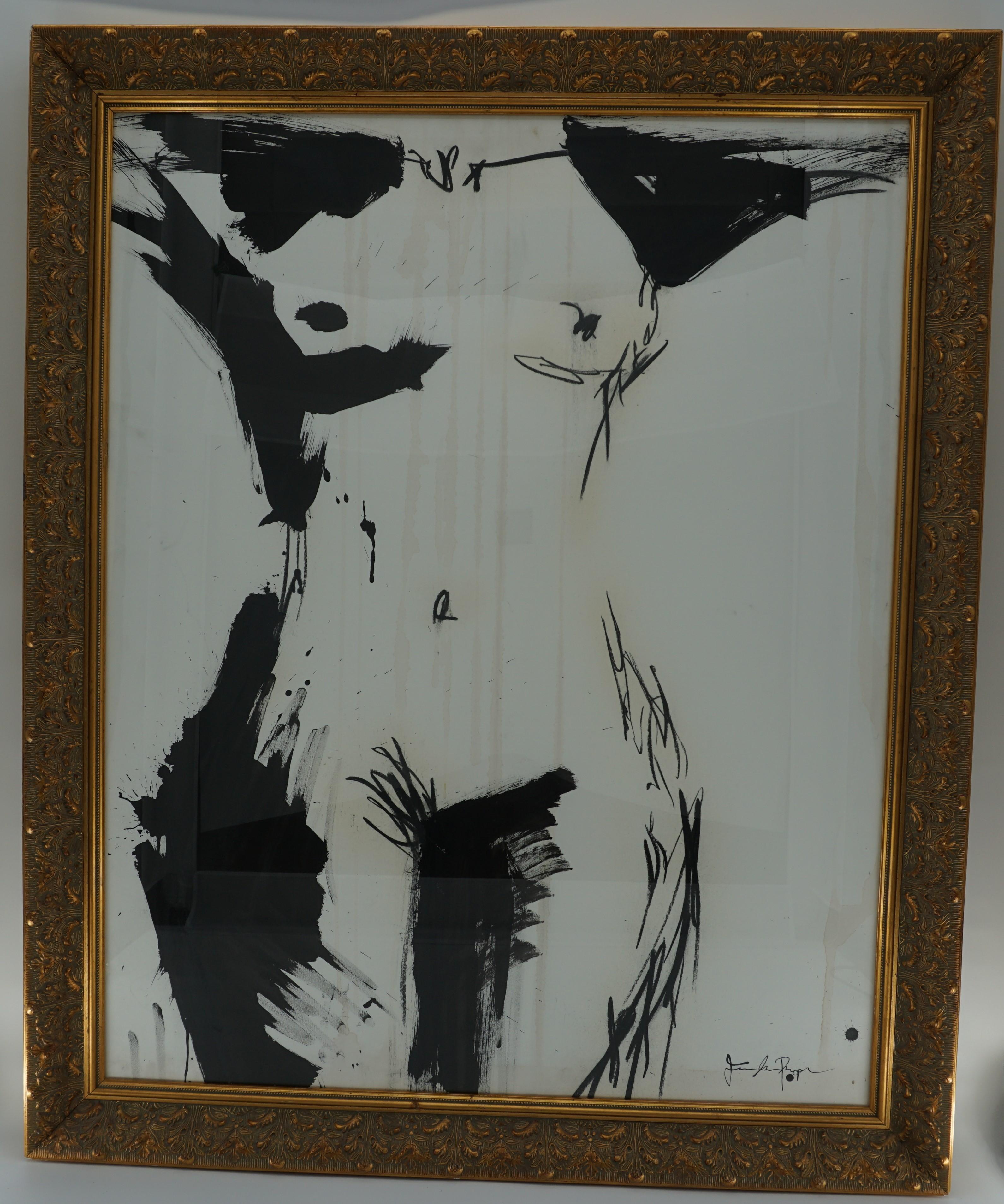 Frontal nude painting by Jenna Snyder-Phillips, 2012. Ink on paper framed with wide gold frame.
Artist educated in Italy.