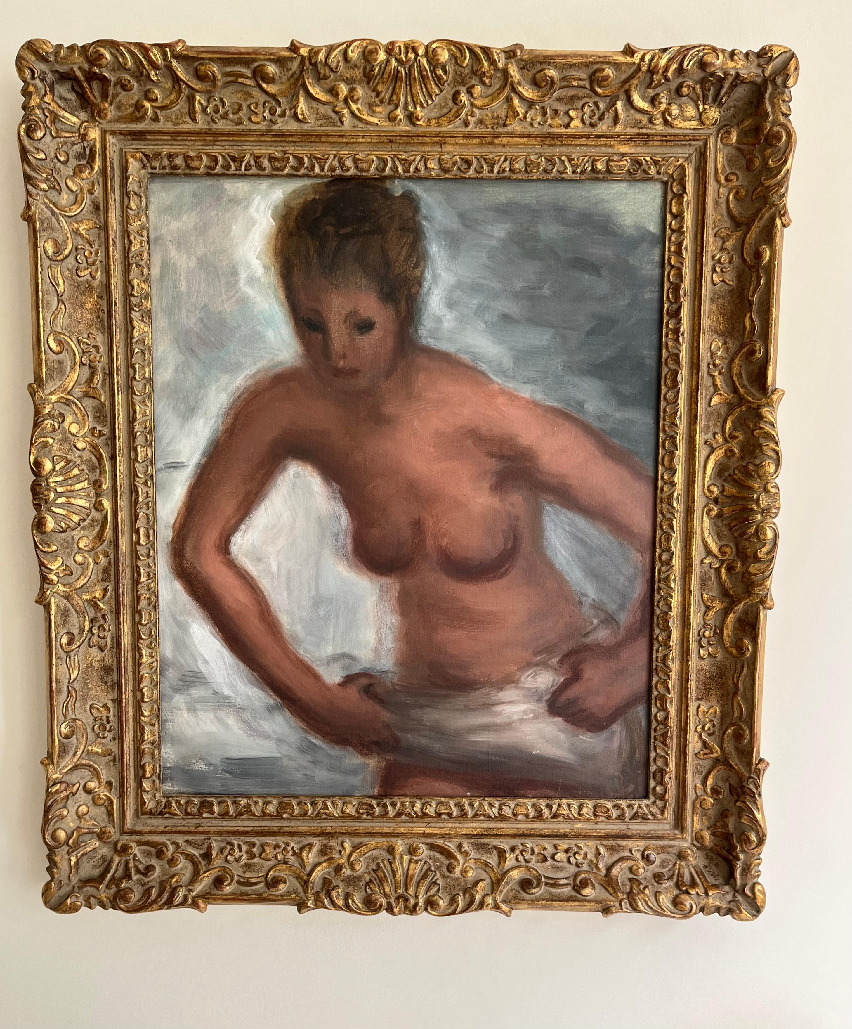 A beautiful nude painting by the British artist Elsie Farleigh signed and dated verso 1934. 
Elsie Farleigh 1900-1981 studied under Bernard Meninsky and James Grant. Exhibited with Redfern and Leicester galleries. 