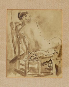 Nude Painting, Ink Wash, C 1950, Back View, Original Dark Tan Wood Framing