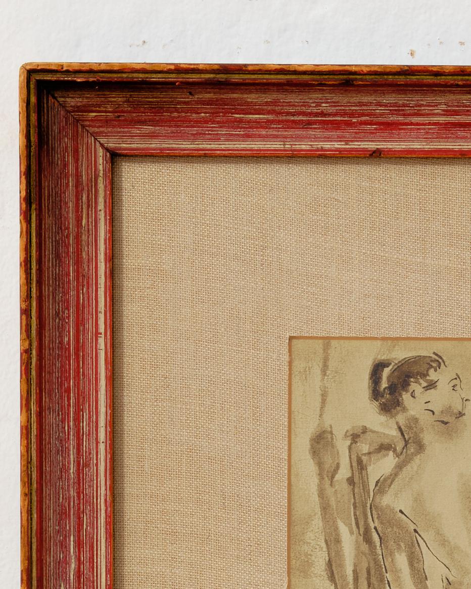 Mid-Century Modern Nude Painting, Ink Wash, C 1950, Back View, Original Brown Wood Framing For Sale