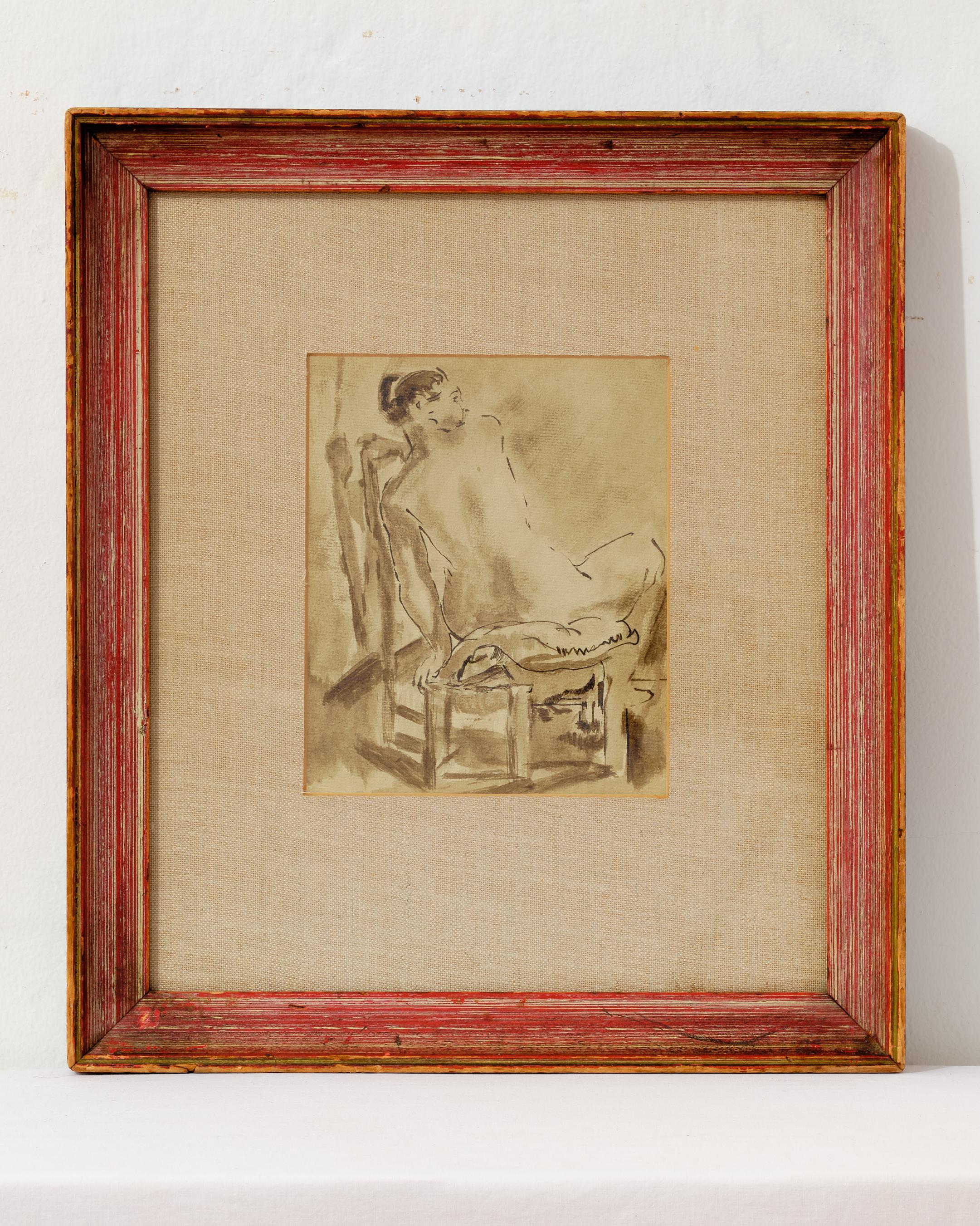 Hand-Painted Nude Painting, Ink Wash, C 1950, Back View, Original Dark Tan Wood Framing, Art For Sale